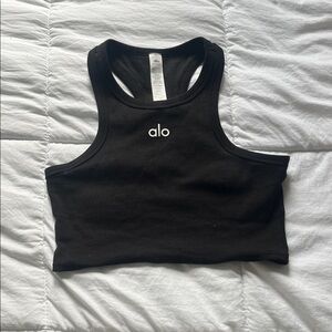 ALO Yoga Black Ribbed Racerback Crop Top with Center Logo